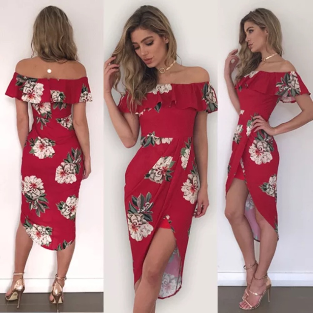 💕 Red floral high low dress